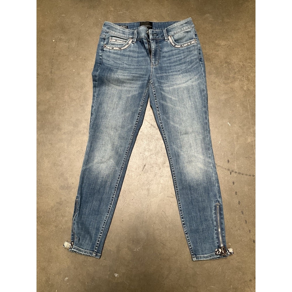 White House Black Market Jeans Womens 4 Blue Skinny Ankle Zip Snake Print Denim